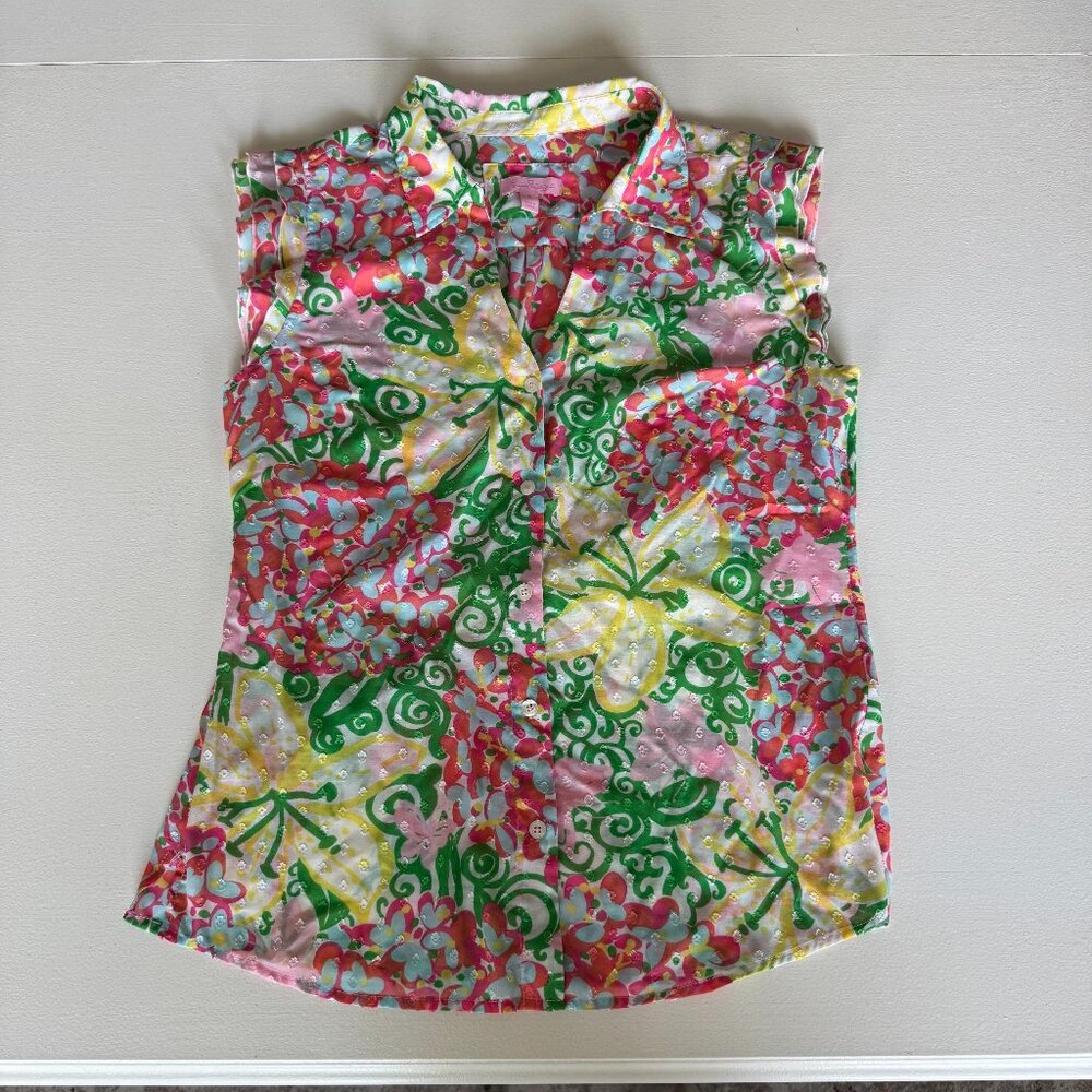 Lilly Pulitzer Sleeveless Floral Blouse Size 10 Collared Ruffle Sheer Light
